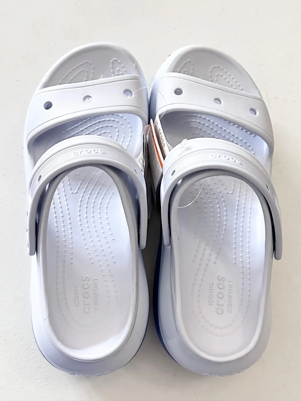 CROCS UNISEX White Platform Dual-Strap Slide Sandals with Blue Trim Size M8 W10